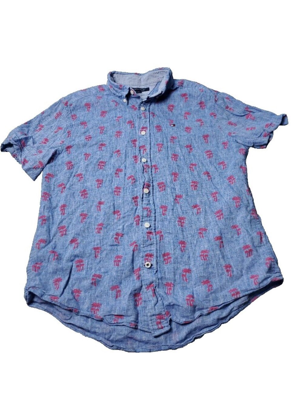 Tommy Hilfiger Linen Shirt Men M Medium Blue Cotton Button Short Sleeve Hawaiian - Picture 2 of 8